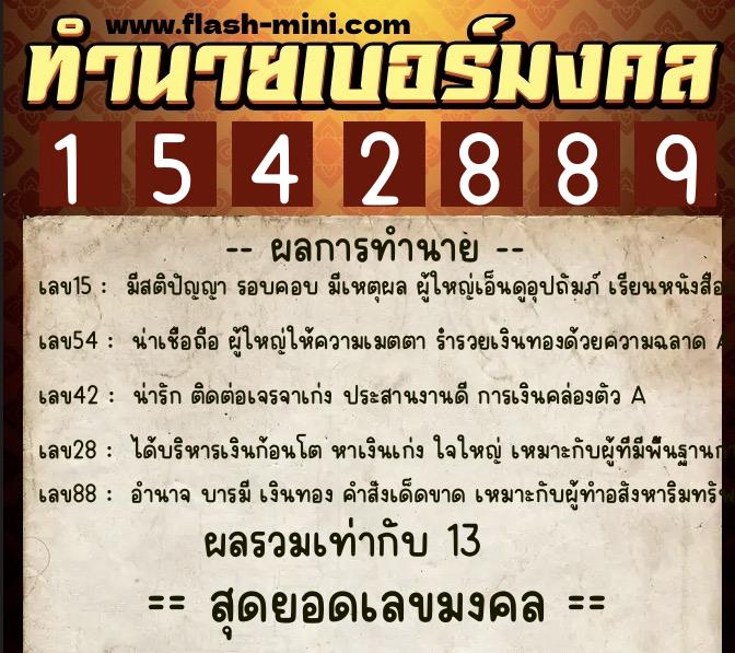 ทำนายเบอร์มงคล 0XX-1542889  ทำนายเบอร์มงคล หมายเลข 060-154288 