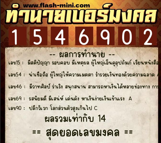 ทำนายเบอร์มงคล 0XX-1546902  ทำนายเบอร์มงคล หมายเลข 062-154690 