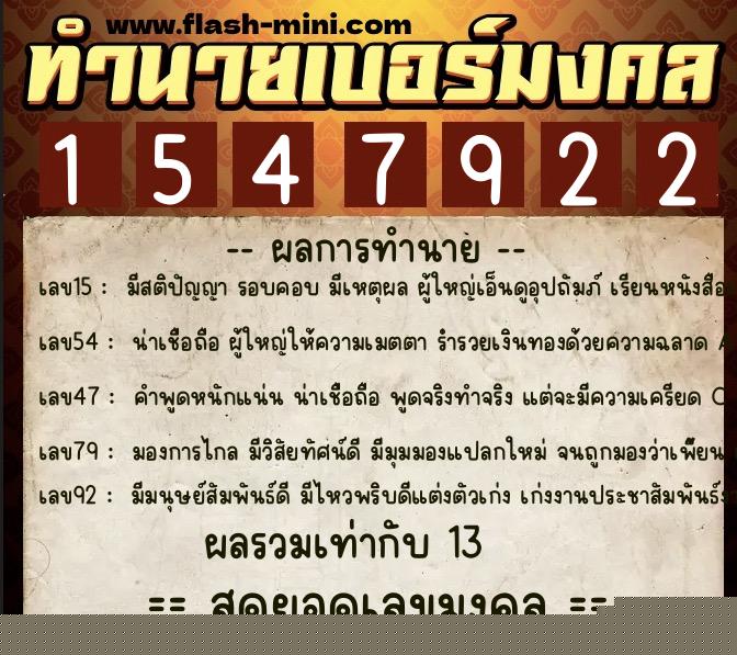 ทำนายเบอร์มงคล 0XX-1547922  ทำนายเบอร์มงคล หมายเลข 084-154792 