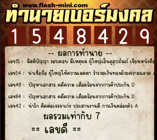 ทำนายเบอร์มงคล 0XX-1548429  ทำนายเบอร์มงคล หมายเลข 098-154842 