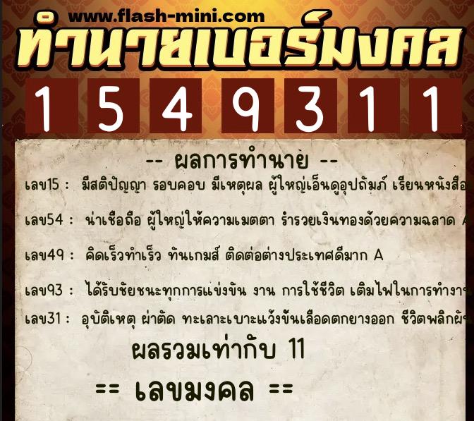 ทำนายเบอร์มงคล 0XX-1549311  ทำนายเบอร์มงคล หมายเลข 085-154931 