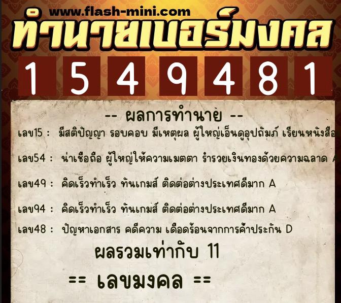 ทำนายเบอร์มงคล 0XX-1549481  ทำนายเบอร์มงคล หมายเลข 065-154948 