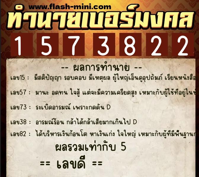 ทำนายเบอร์มงคล 0XX-1573822  ทำนายเบอร์มงคล หมายเลข 090-157382 