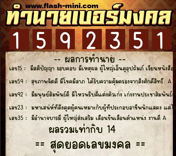 ทำนายเบอร์มงคล 0XX-1592351  ทำนายเบอร์มงคล หมายเลข 061-159235 