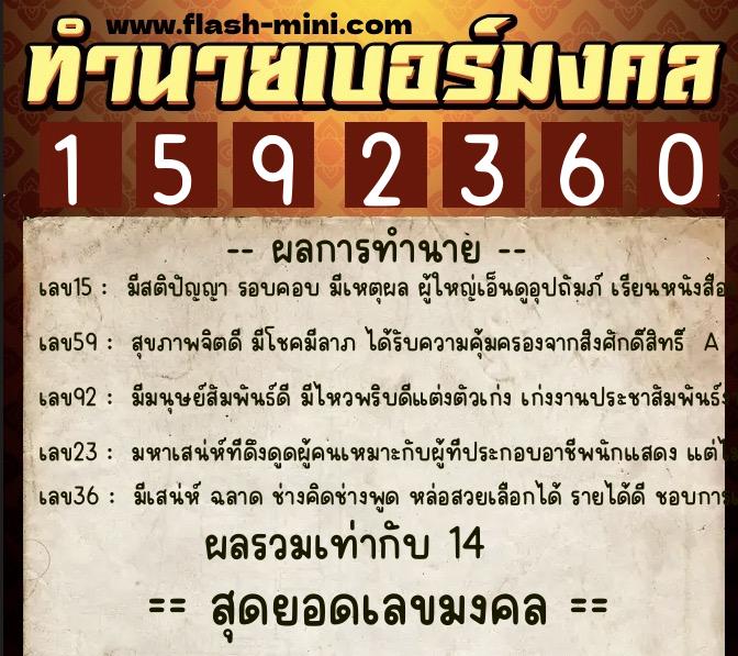 ทำนายเบอร์มงคล 0XX-1592360  ทำนายเบอร์มงคล หมายเลข 061-159236 