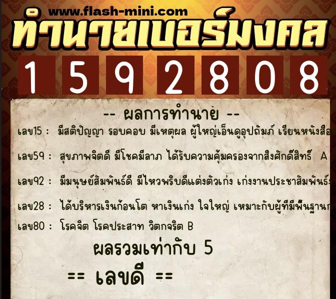 ทำนายเบอร์มงคล 0XX-1592808  ทำนายเบอร์มงคล หมายเลข 066-159280 