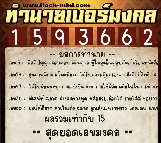 ทำนายเบอร์มงคล 0XX-1593662  ทำนายเบอร์มงคล หมายเลข 068-159366 
