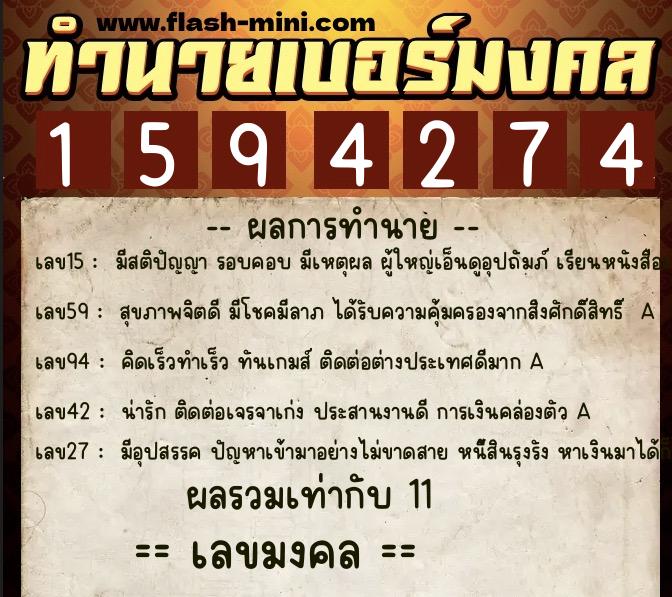 ทำนายเบอร์มงคล 0XX-1594274  ทำนายเบอร์มงคล หมายเลข 067-159427 