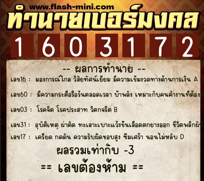 ทำนายเบอร์มงคล 0XX-1603172  ทำนายเบอร์มงคล หมายเลข 085-160317 