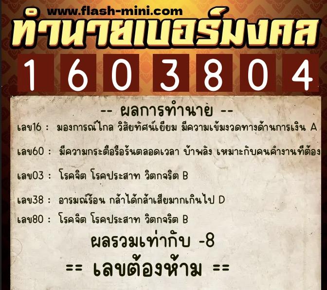 ทำนายเบอร์มงคล 0XX-1603804  ทำนายเบอร์มงคล หมายเลข 099-160380 