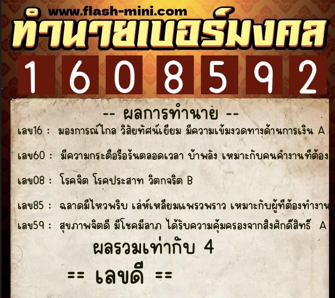 ทำนายเบอร์มงคล 0XX-1608592  ทำนายเบอร์มงคล หมายเลข 067-160859 