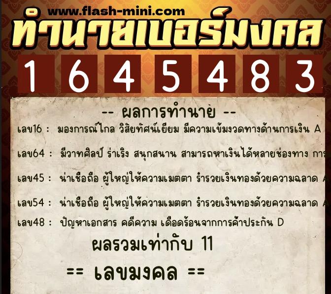 ทำนายเบอร์มงคล 0XX-1645483  ทำนายเบอร์มงคล หมายเลข 090-164548 