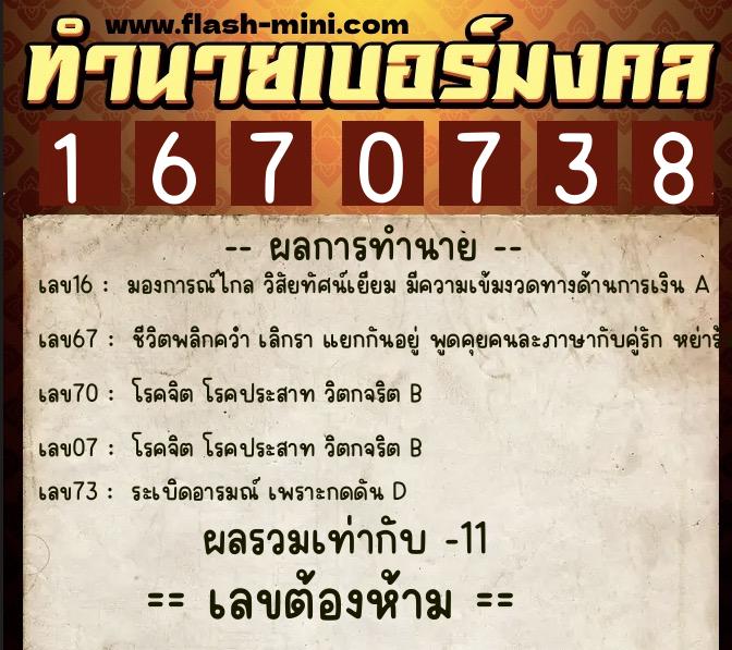 ทำนายเบอร์มงคล 0XX-1670738  ทำนายเบอร์มงคล หมายเลข 080-167073 