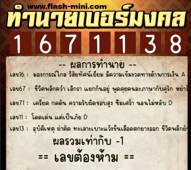 ทำนายเบอร์มงคล 0XX-1671138  ทำนายเบอร์มงคล หมายเลข 068-167113 