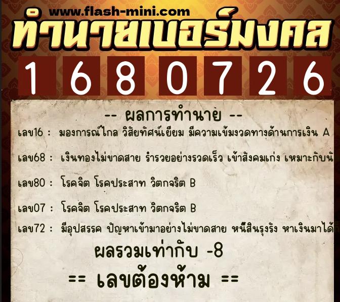 ทำนายเบอร์มงคล 0XX-1680726 ทำนายเบอร์มงคล หมายเลข 067-168072 ทำนายเบอร์มงคล 0XX-1680726 ทำนายเบอร์มงคล หมายเลข 067-168072