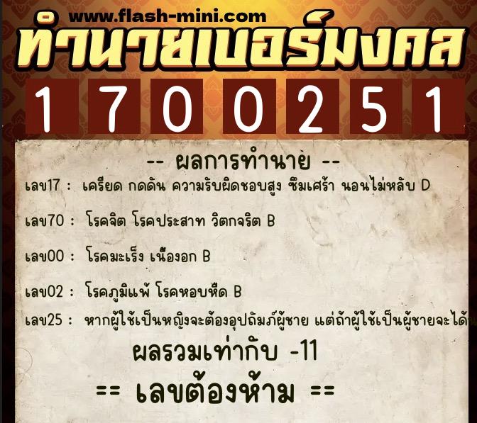 ทำนายเบอร์มงคล 0XX-1700251  ทำนายเบอร์มงคล หมายเลข 067-170025 
