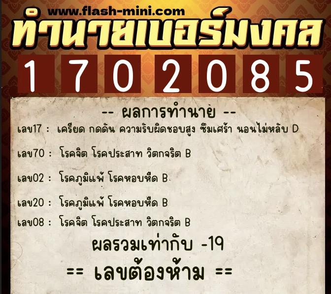 ทำนายเบอร์มงคล 0XX-1702085  ทำนายเบอร์มงคล หมายเลข 081-170208 