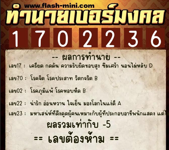 ทำนายเบอร์มงคล 0XX-1702236  ทำนายเบอร์มงคล หมายเลข 080-170223 