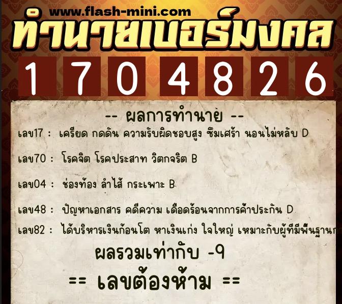 ทำนายเบอร์มงคล 0XX-1704826  ทำนายเบอร์มงคล หมายเลข 086-170482 