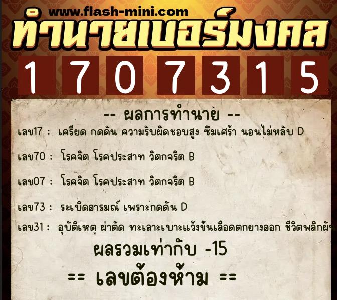 ทำนายเบอร์มงคล 0XX-1707315  ทำนายเบอร์มงคล หมายเลข 084-170731 