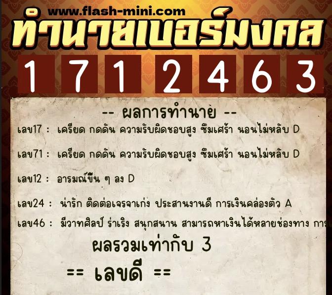 ทำนายเบอร์มงคล 0XX-1712463  ทำนายเบอร์มงคล หมายเลข 084-171246 