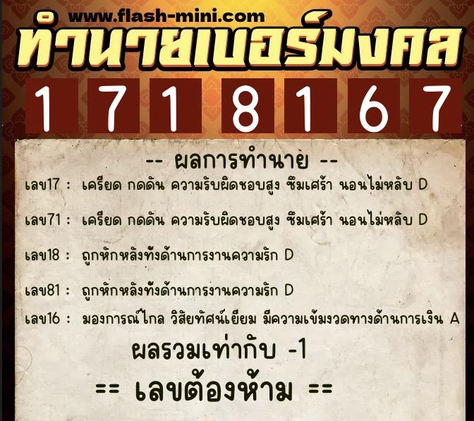 ทำนายเบอร์มงคล 0XX-1718167  ทำนายเบอร์มงคล หมายเลข 082-171816 