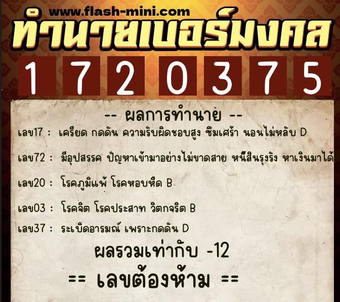 ทำนายเบอร์มงคล 0XX-1720375  ทำนายเบอร์มงคล หมายเลข 084-172037 