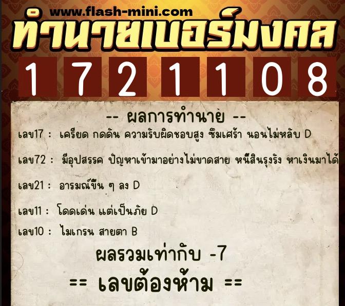 ทำนายเบอร์มงคล 0XX-1721108  ทำนายเบอร์มงคล หมายเลข 086-172110 