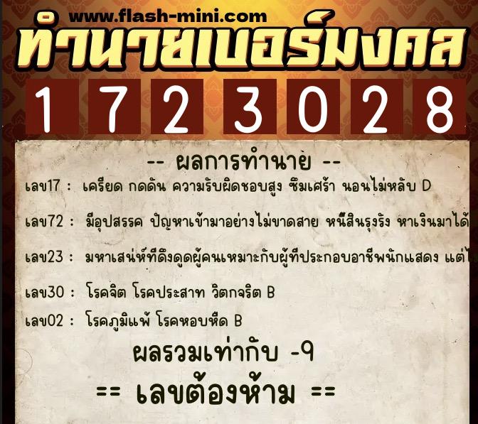 ทำนายเบอร์มงคล 0XX-1723028  ทำนายเบอร์มงคล หมายเลข 089-172302 