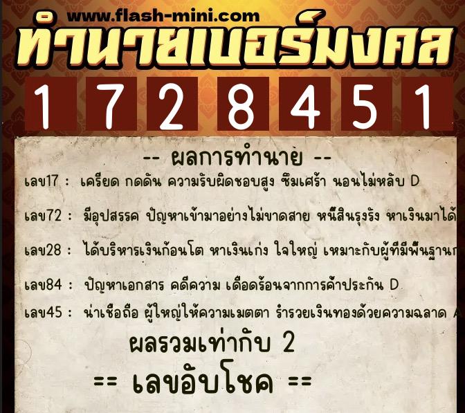 ทำนายเบอร์มงคล 0XX-1728451  ทำนายเบอร์มงคล หมายเลข 080-172845 