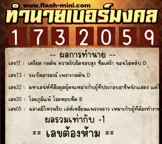 ทำนายเบอร์มงคล 0XX-1732059  ทำนายเบอร์มงคล หมายเลข 062-173205 
