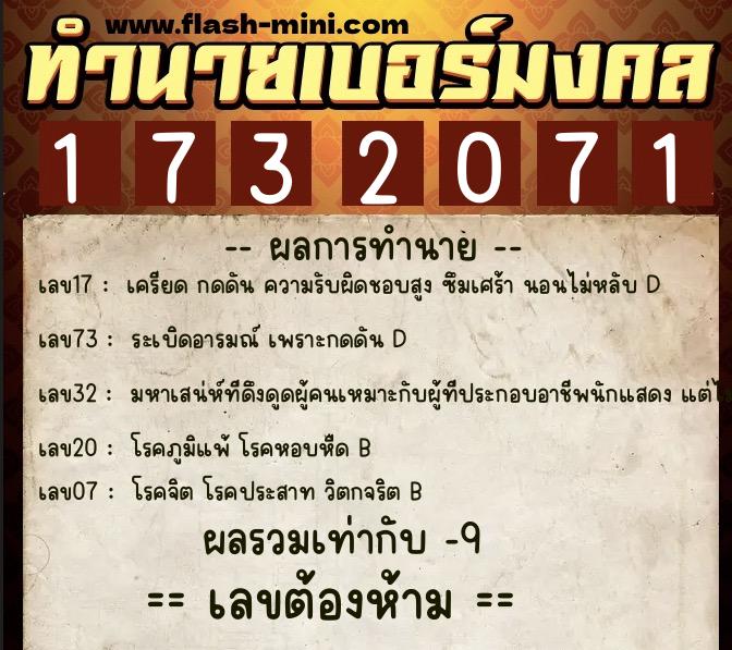 ทำนายเบอร์มงคล 0XX-1732071  ทำนายเบอร์มงคล หมายเลข 086-173207 