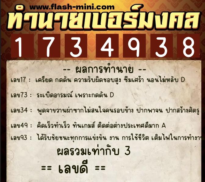 ทำนายเบอร์มงคล 0XX-1734938  ทำนายเบอร์มงคล หมายเลข 061-173493 