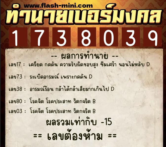ทำนายเบอร์มงคล 0XX-1738039  ทำนายเบอร์มงคล หมายเลข 061-173803 