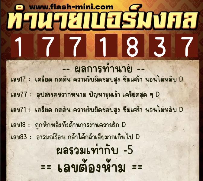 ทำนายเบอร์มงคล 0XX-1771837  ทำนายเบอร์มงคล หมายเลข 085-177183 