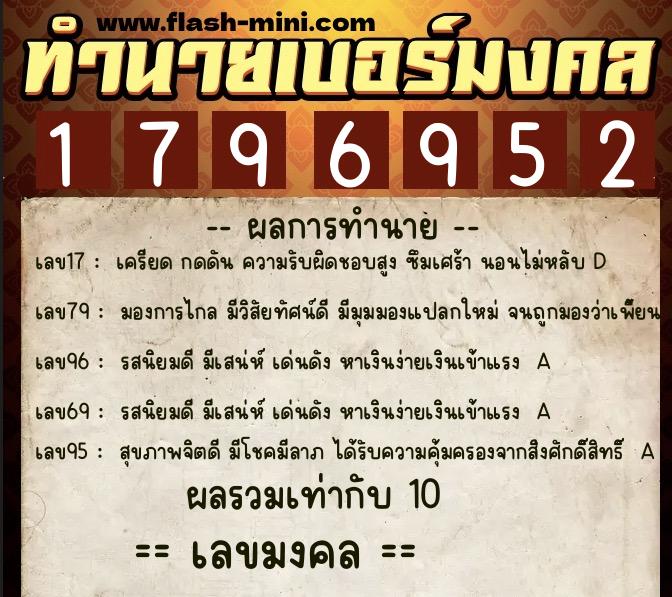 ทำนายเบอร์มงคล 0XX-1796952  ทำนายเบอร์มงคล หมายเลข 094-179695 