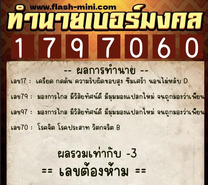 ทำนายเบอร์มงคล 0XX-1797060  ทำนายเบอร์มงคล หมายเลข 096-179706 