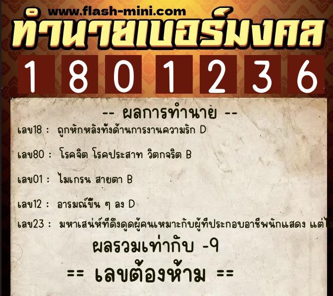 ทำนายเบอร์มงคล 0XX-1801236  ทำนายเบอร์มงคล หมายเลข 089-180123 