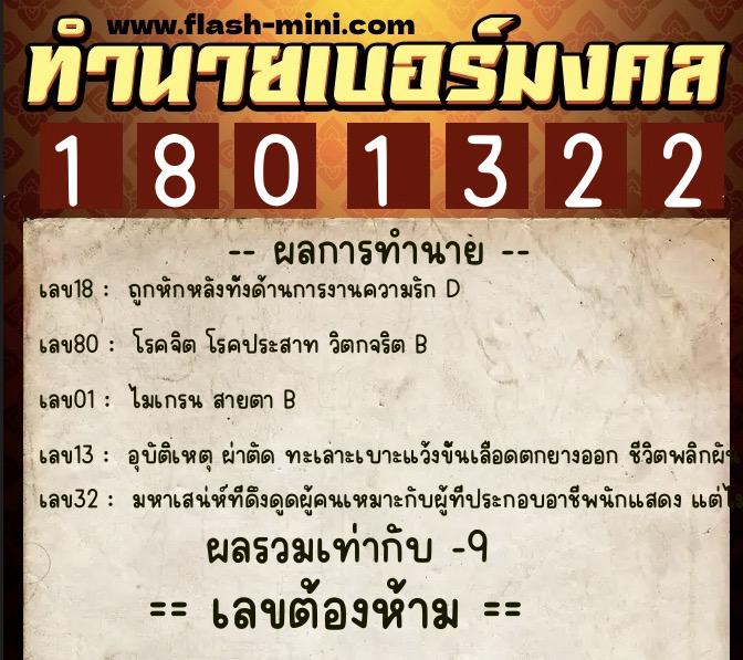 ทำนายเบอร์มงคล 0XX-1801322  ทำนายเบอร์มงคล หมายเลข 087-180132 