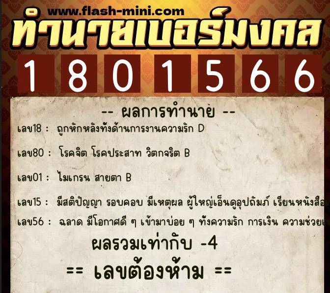 ทำนายเบอร์มงคล 0XX-1801566  ทำนายเบอร์มงคล หมายเลข 099-180156 