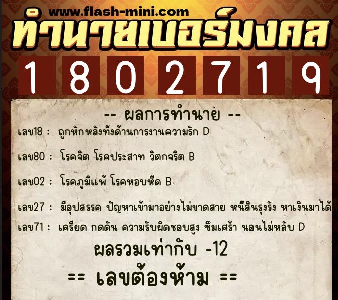 ทำนายเบอร์มงคล 0XX-1802719  ทำนายเบอร์มงคล หมายเลข 080-180271 