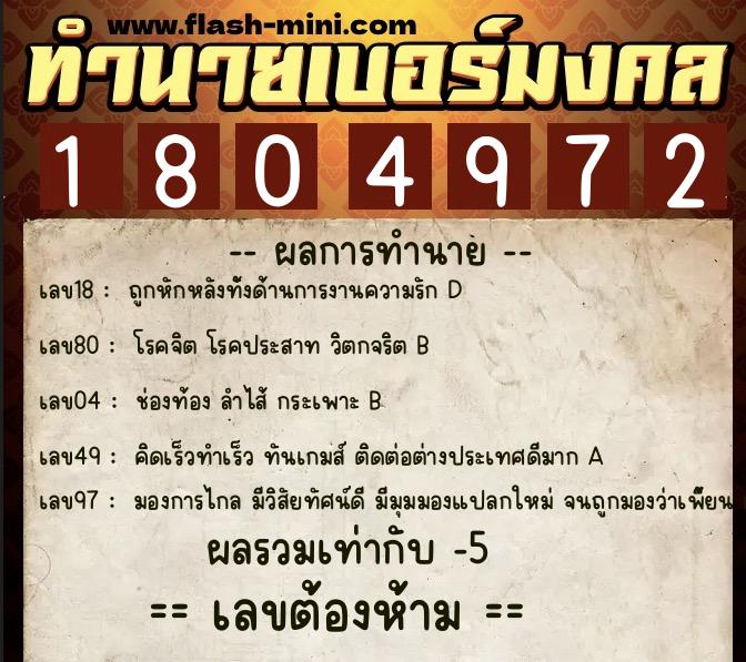 ทำนายเบอร์มงคล 0XX-1804972  ทำนายเบอร์มงคล หมายเลข 062-180497 