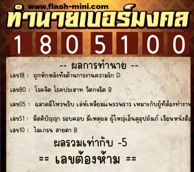 ทำนายเบอร์มงคล 0XX-1805100  ทำนายเบอร์มงคล หมายเลข 088-180510 
