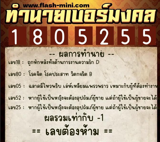 ทำนายเบอร์มงคล 0XX-1805255  ทำนายเบอร์มงคล หมายเลข 064-180525 
