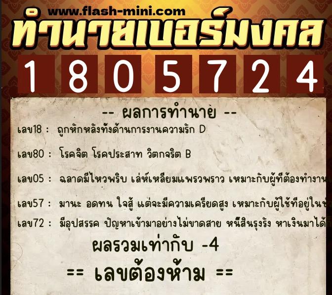 ทำนายเบอร์มงคล 0XX-1805724  ทำนายเบอร์มงคล หมายเลข 065-180572 