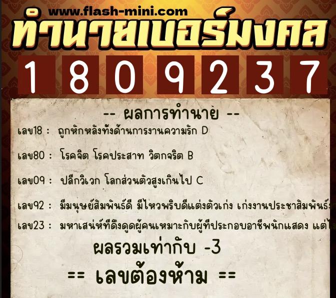 ทำนายเบอร์มงคล 0XX-1809237  ทำนายเบอร์มงคล หมายเลข 087-180923 