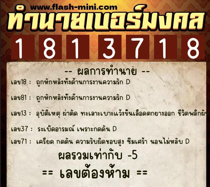 ทำนายเบอร์มงคล 0XX-1813718  ทำนายเบอร์มงคล หมายเลข 068-181371 