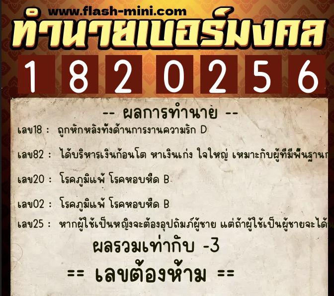 ทำนายเบอร์มงคล 0XX-1820256  ทำนายเบอร์มงคล หมายเลข 069-182025 