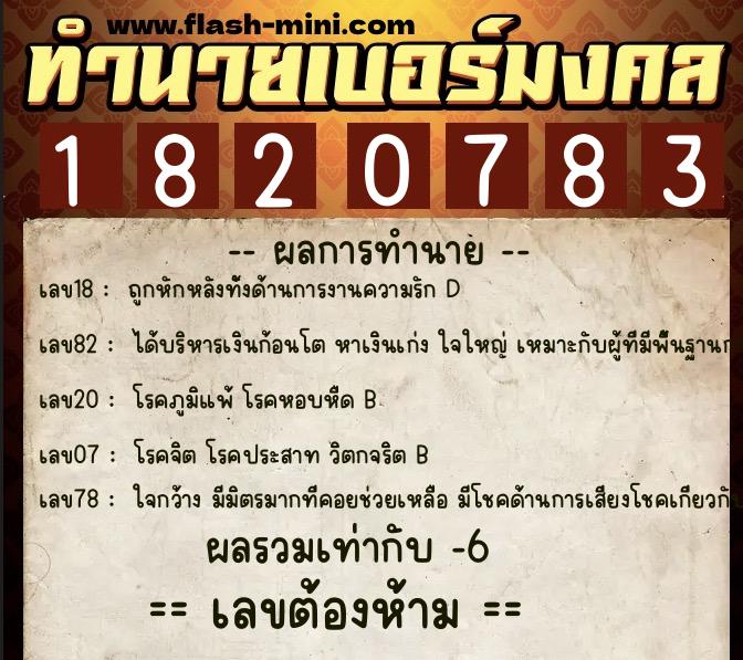 ทำนายเบอร์มงคล 0XX-1820783  ทำนายเบอร์มงคล หมายเลข 080-182078 