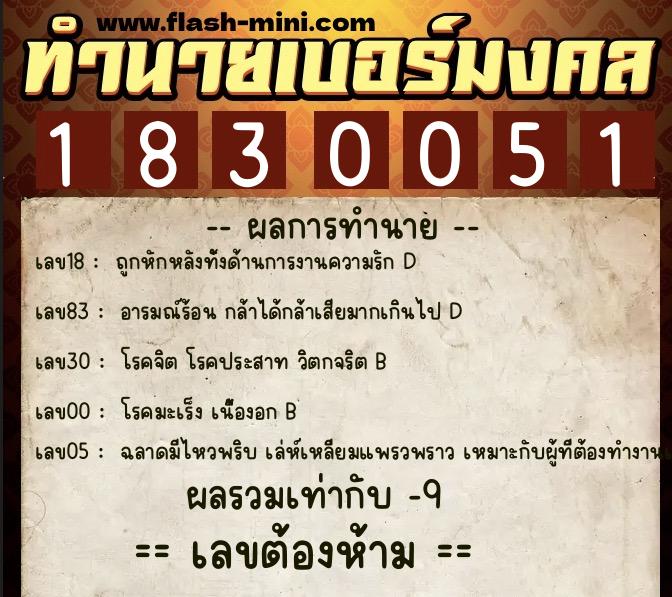 ทำนายเบอร์มงคล 0XX-1830051  ทำนายเบอร์มงคล หมายเลข 060-183005 